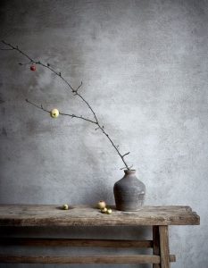 banc-bois-pot-gris-branche-pomme