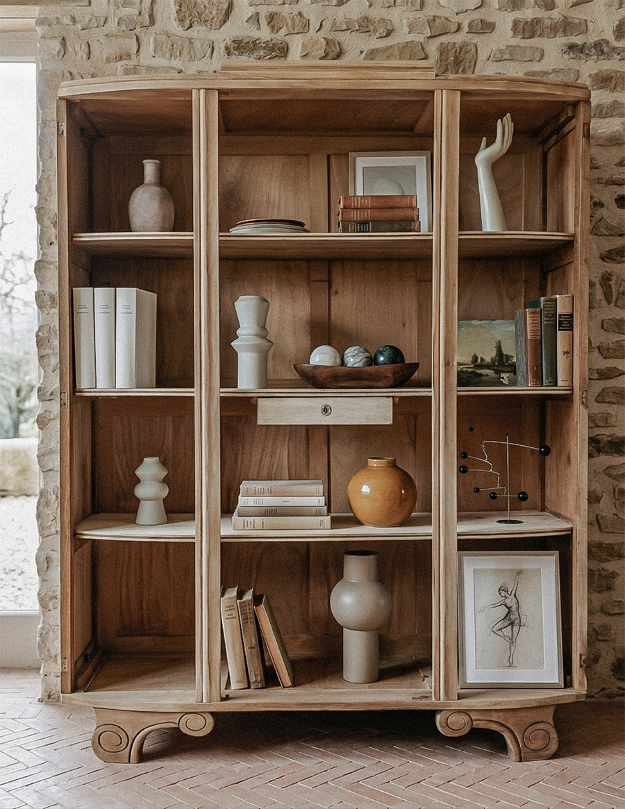 Agencement curé d'une bibliothèque de brocante en bois massif dans le Luberon