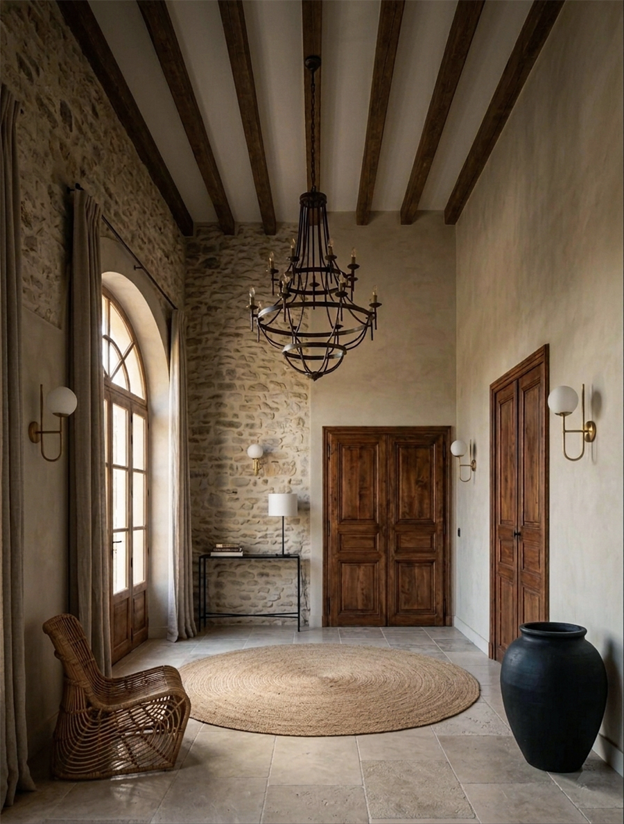 Aménagement d'une entrée curée en pierre et bois dans une maison de Provence