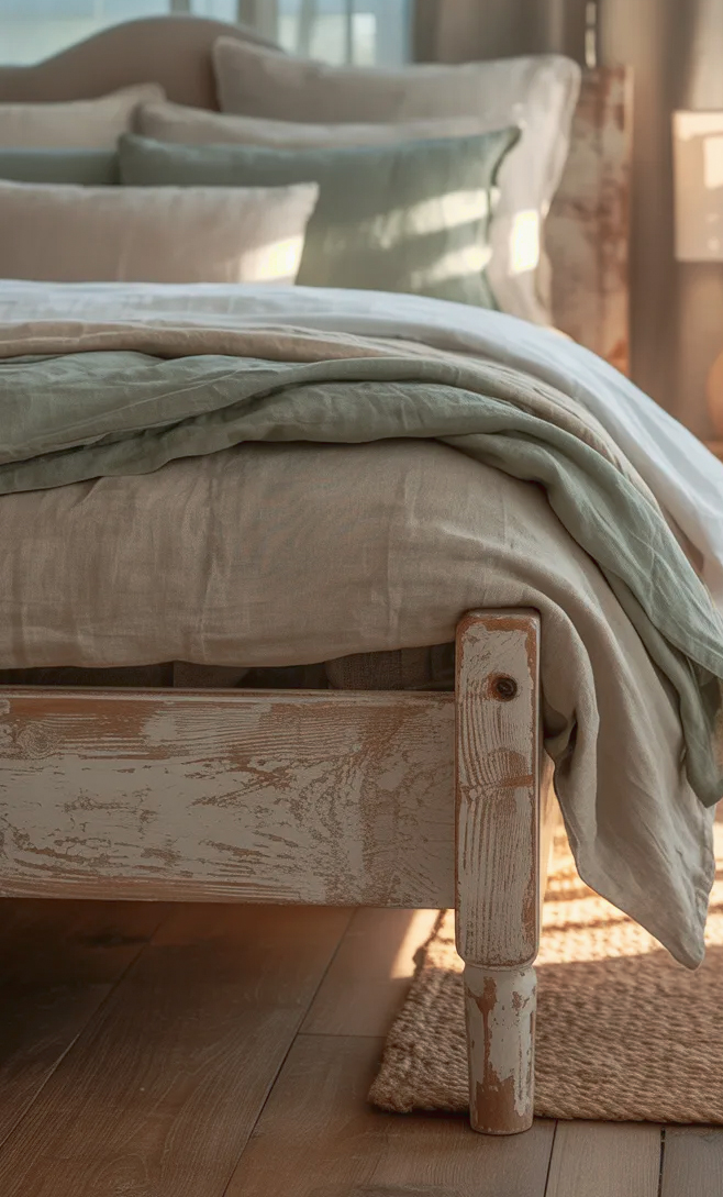 Aménagement d'une chambre avec cadre en bois patiné en Provence