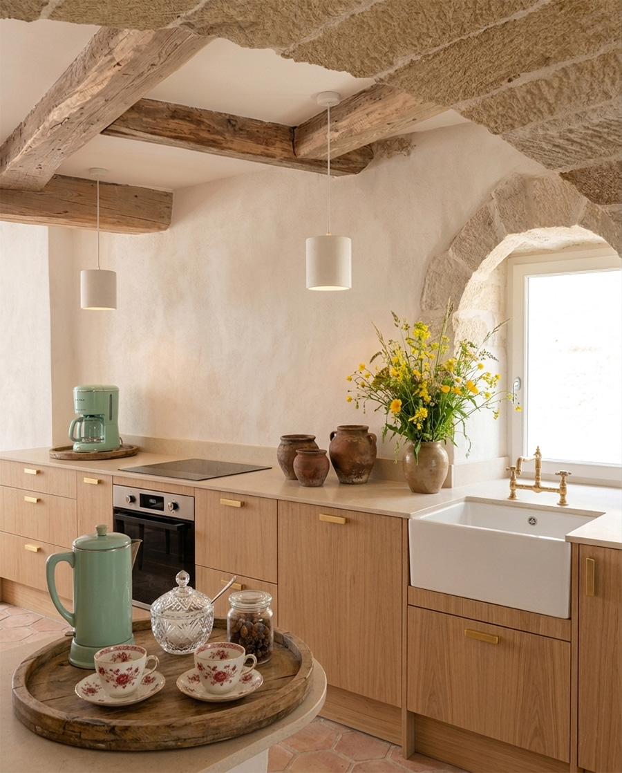 Rénovation d'une cuisine en pierre et chêne en Provence