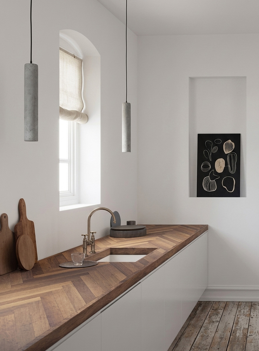 Décoration de cuisine avec plan en bois massif en Provence