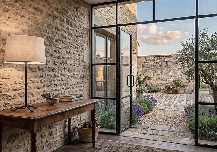Aménagement d'une entrée curée dans une maison en pierres du Luberon