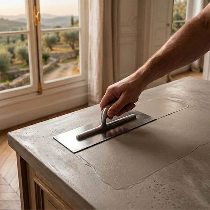 rénovation d'une cuisine avec application de béton ciré sur le plan de travail