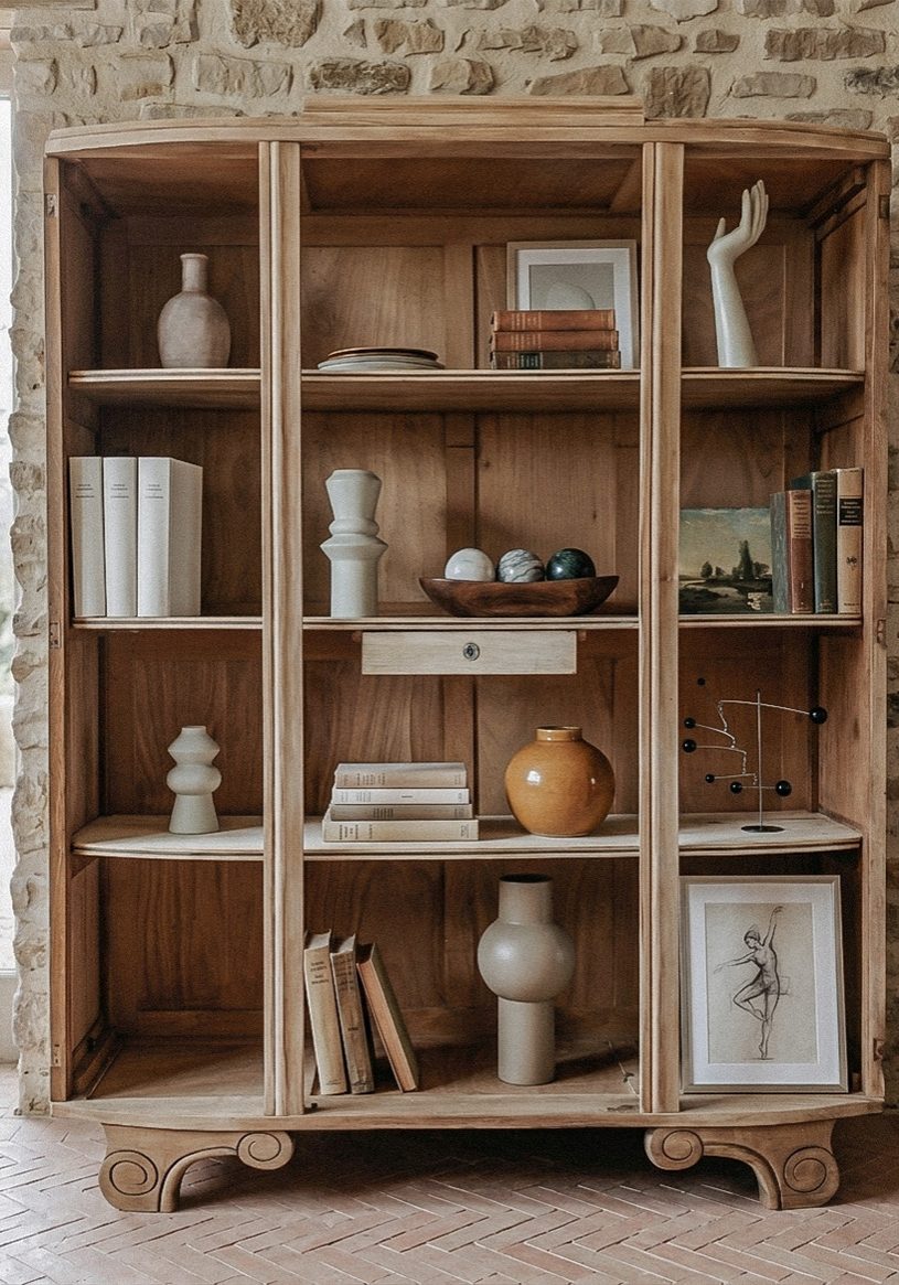 Agencement curé d'une bibliothèque de brocante en bois massif dans le Luberon