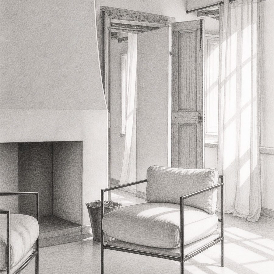 Croquis à la main d'un projet de décoration d'un salon en Provence