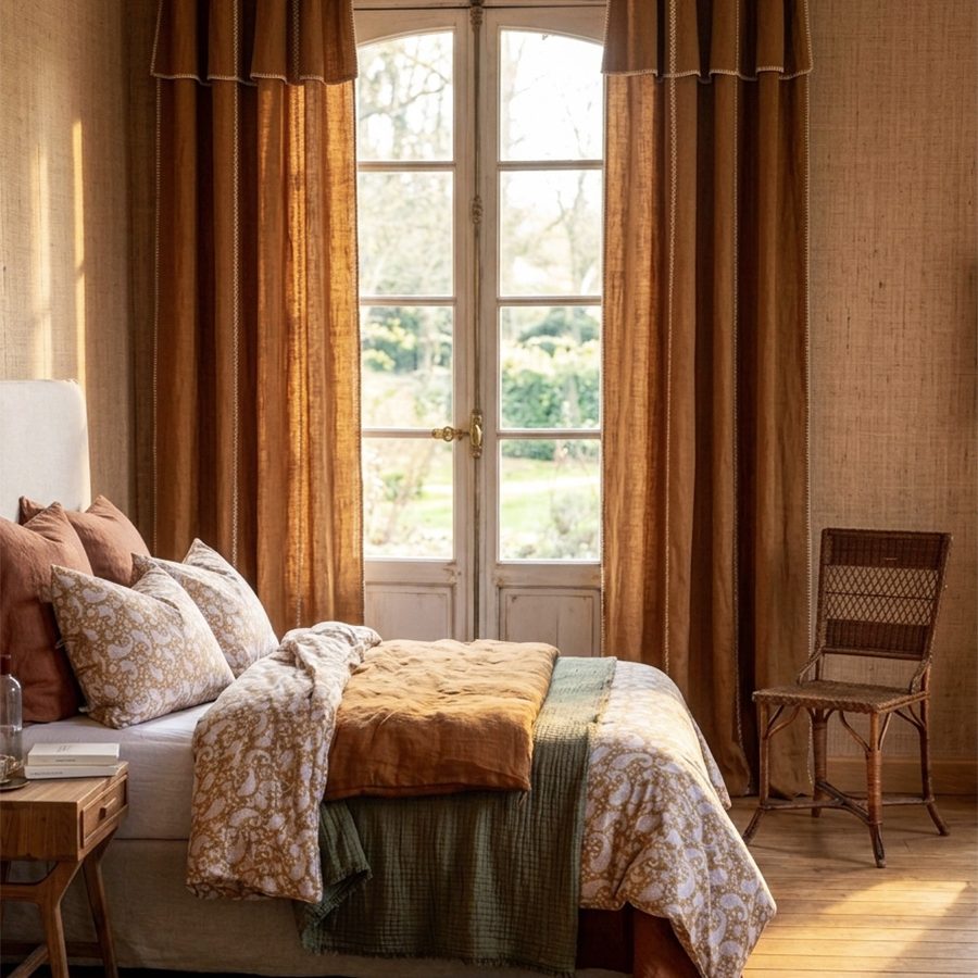 Chambre intemporelle et vintage ocre Luberon