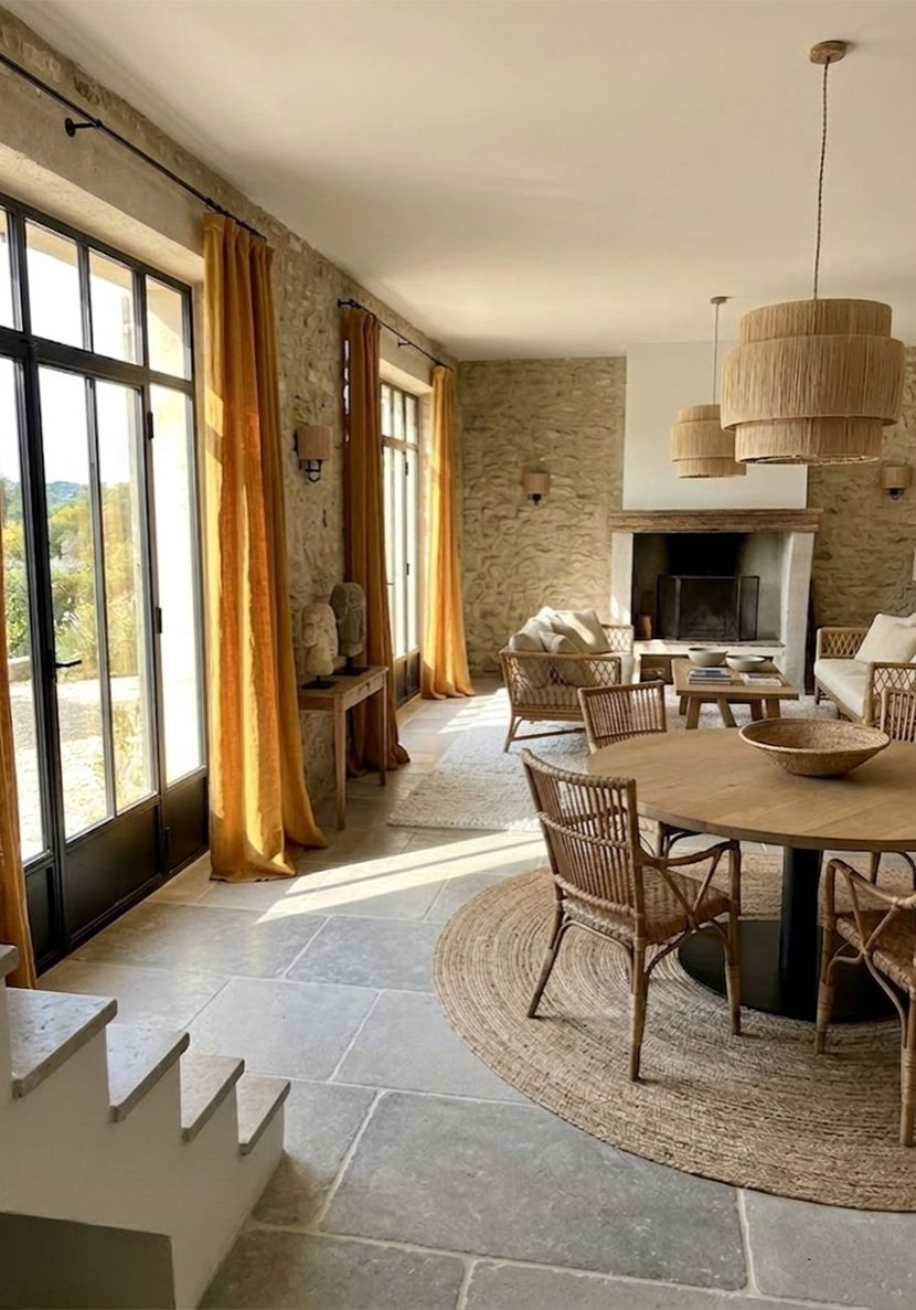 Décoration d'un séjour avec murs en pierre et matériaux naturels et osier dans le Luberon