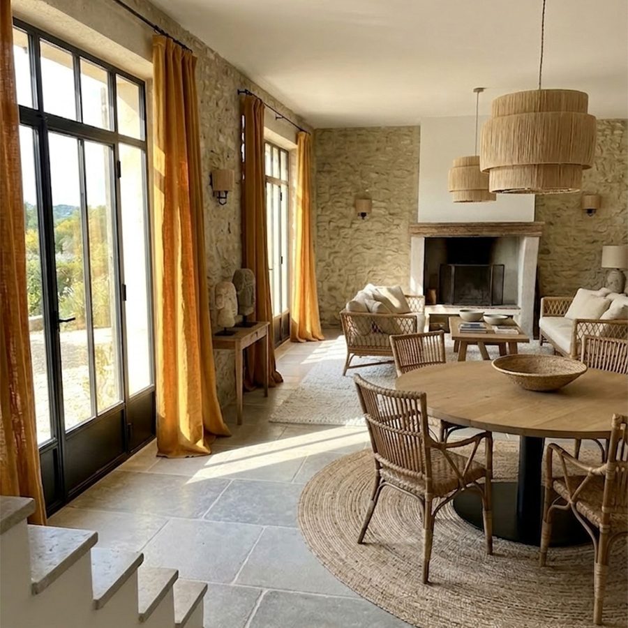 Décoration d'un séjour avec murs en pierre et matériaux naturels et osier dans le Luberon